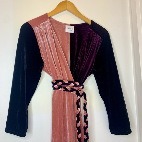 MISA Paloma Wrap Dress Color Block Velvet Braided Belt Cocktail Dress size Small - Picture 4 of 11